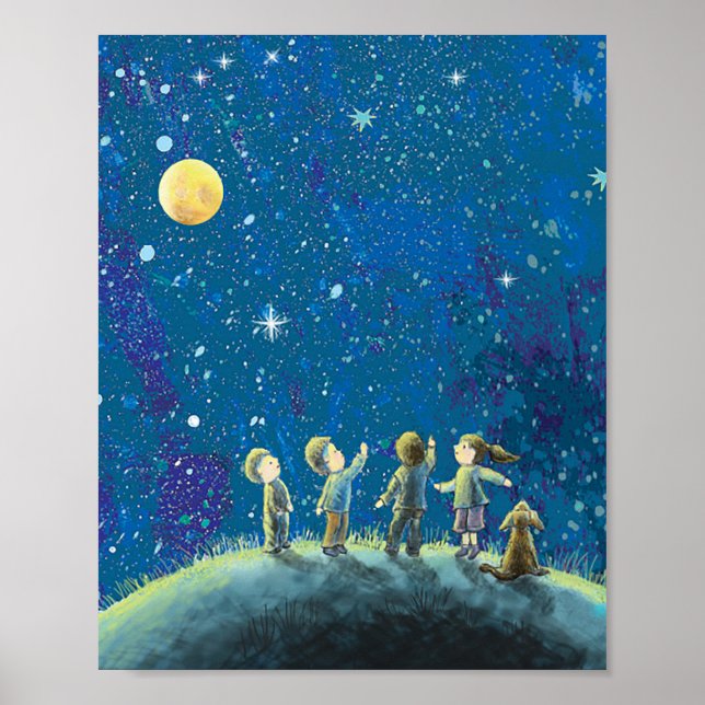 Affiche Enfants Regardant Night Sky (Devant)