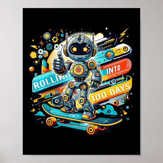 Affiche Enfants roulant dans un robot de skateboard 100 jo (Devant)