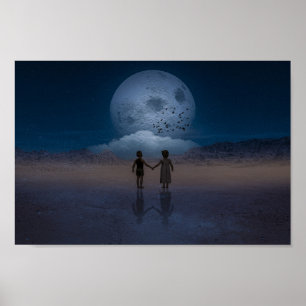 Affiche Enfants se tenant la main sur la lune