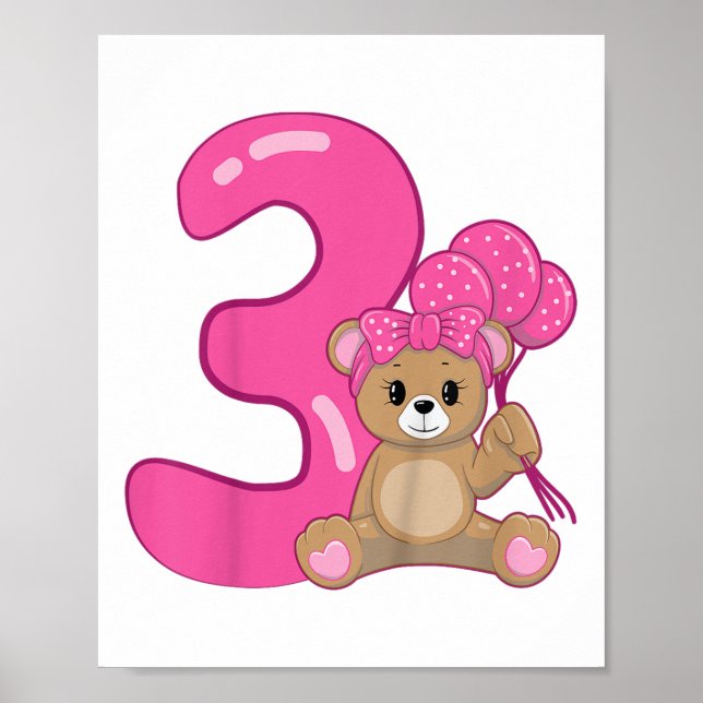 Affiche Enfants Teddy Bear mignonne 3e anniversaire fille  (Devant)