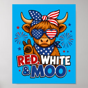Affiche Enfants Vache Highland Rouge Blanc 4 Juillet