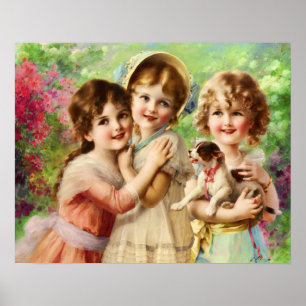Affiche Enfants victoriens avec chiot, Emile Vernon