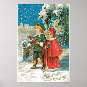 Affiche Enfants vintages de Noël dans la neige