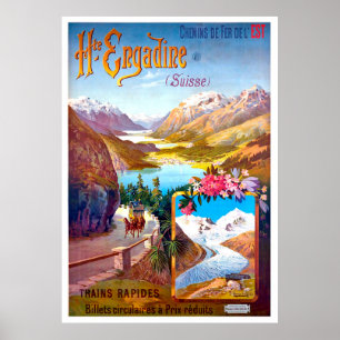 Affiche Engadin, Suisse, paysage et route de montagne