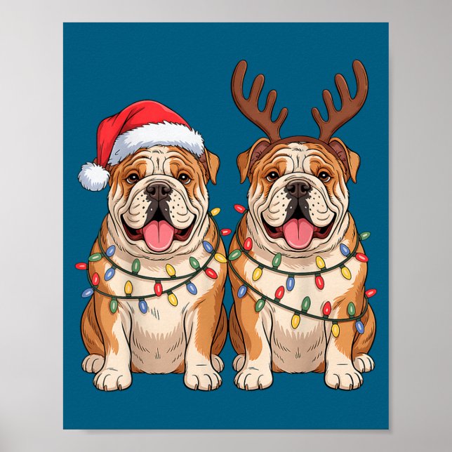 Affiche English Bulldog Christmas Santa Hat Reindeer Light (Devant)