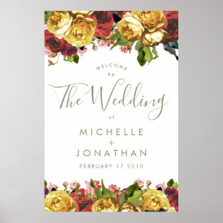 Affiche English Garden Vintage Roses Wedding Welcome