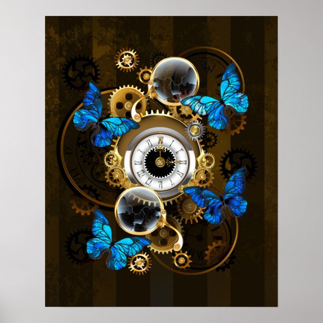 Affiche Engrenages à vapeur et papillons bleus (Devant)