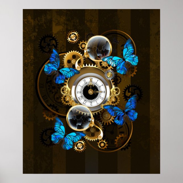 Affiche Engrenages à vapeur et papillons bleus (Devant)