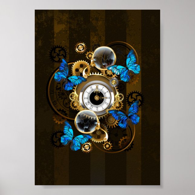 Affiche Engrenages à vapeur et papillons bleus (Devant)