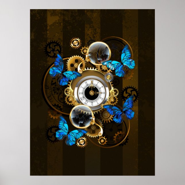 Affiche Engrenages à vapeur et papillons bleus (Devant)
