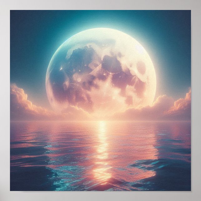 Affiche Énorme lueur lunaire sur une surface océanique tra (Devant)