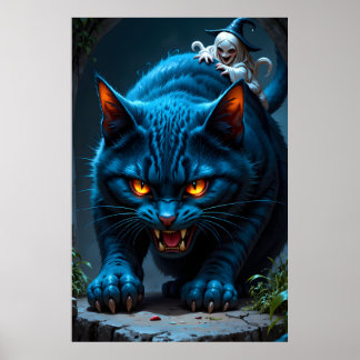 Affiche Enormous blue cat with a wicked witch in a dark 