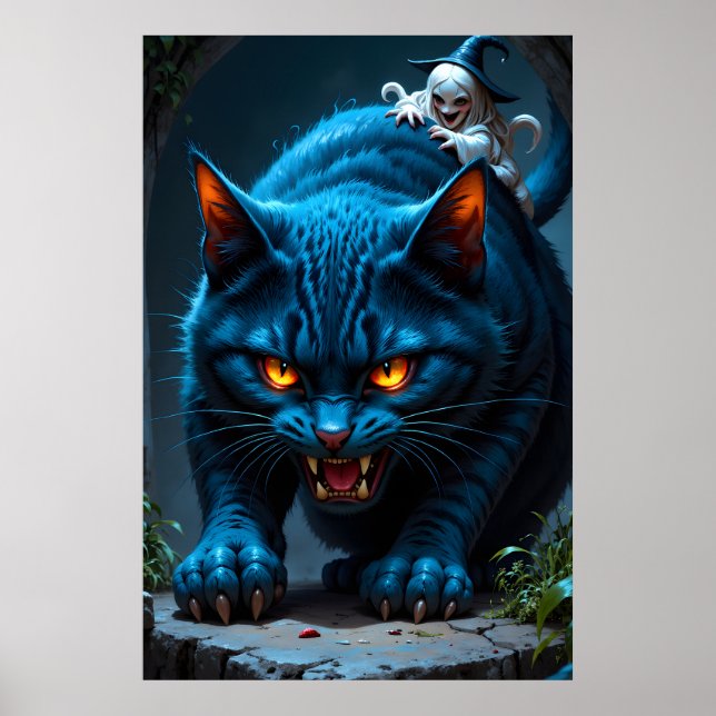 Affiche Enormous blue cat with a wicked witch in a dark  (Devant)