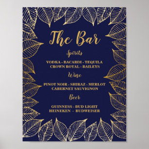 Affiche Enseigne Bar Navy Gold Leaves Réception de Mariage