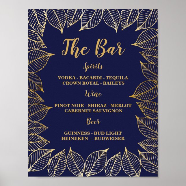 Affiche Enseigne Bar Navy Gold Leaves Réception de Mariage (Devant)
