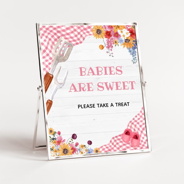 Affiche Enseigne Bébés Sont Mignons Fête de Bébé Barbecue  (Girl Baby-Q Baby Shower Babies are Sweet Sign)