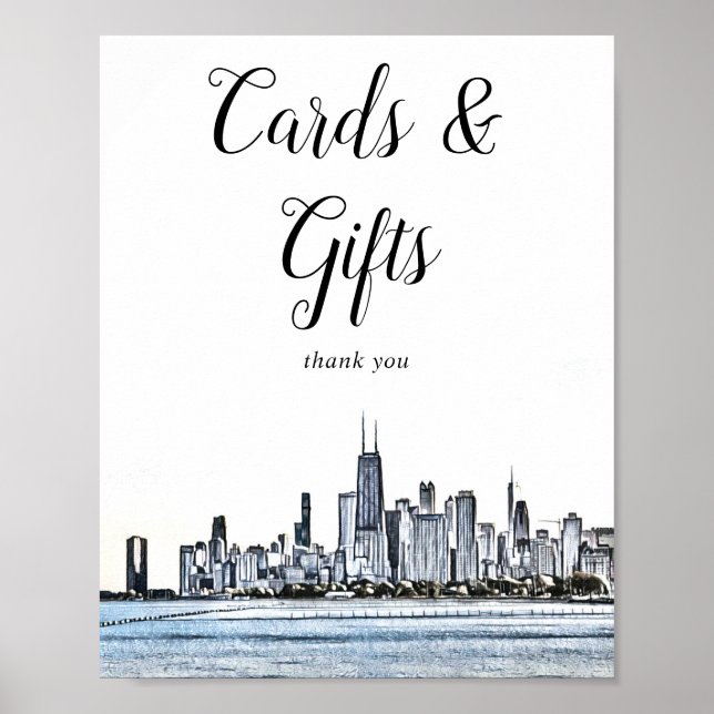 Affiche Enseigne Cartes & Cadeaux de Chicago Skyline (Devant)