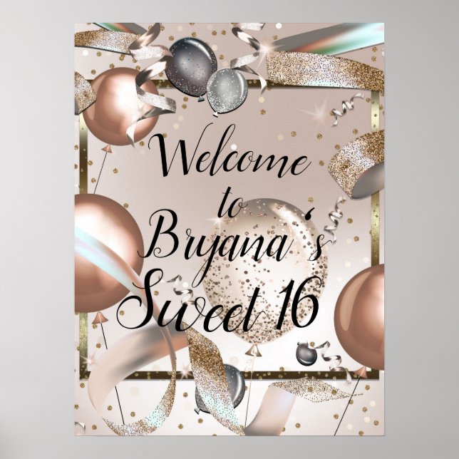 Affiche Enseigne d'anniversaire Ballons Rose Gold Pailleté (Devant)