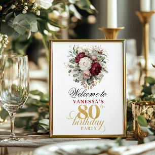 Affiche Enseigne de 80e anniversaire florale bordeaux blus