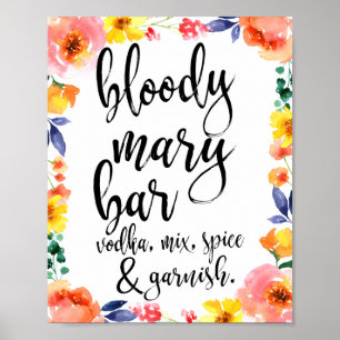 Affiche Enseigne de bar Bloody Mary aquarelle florale 8x10