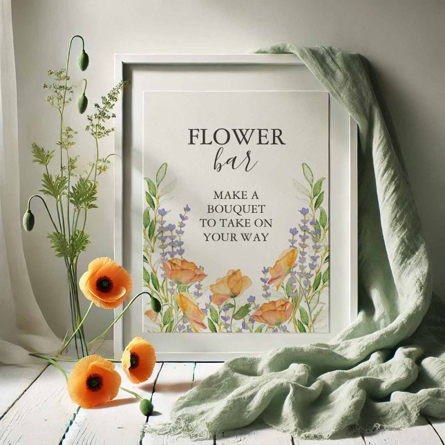 Affiche Enseigne de bar Fleur d'Orange (Flower bar sign with watercolor orange poppies, lavender and greenery)