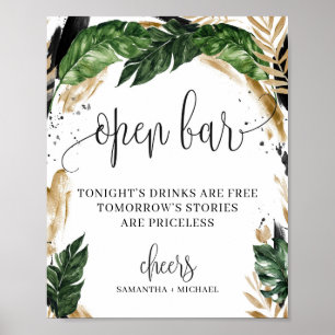 Affiche Enseigne de bar ouvert avec feuilles tropicales et
