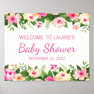 Affiche Enseigne de bienvenue Baby Shower Rose et Floral V