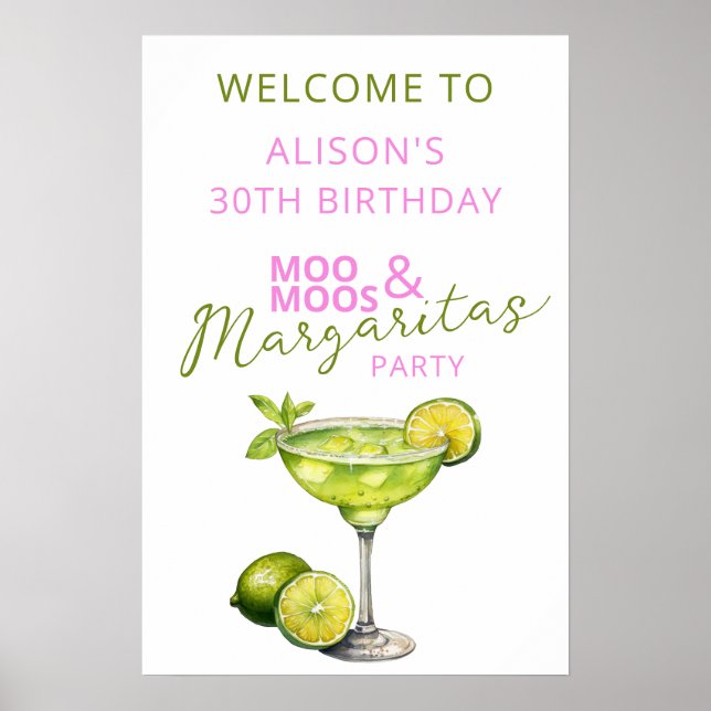 Affiche Enseigne de bienvenue d'anniversaire rose MooMoos  (Devant)