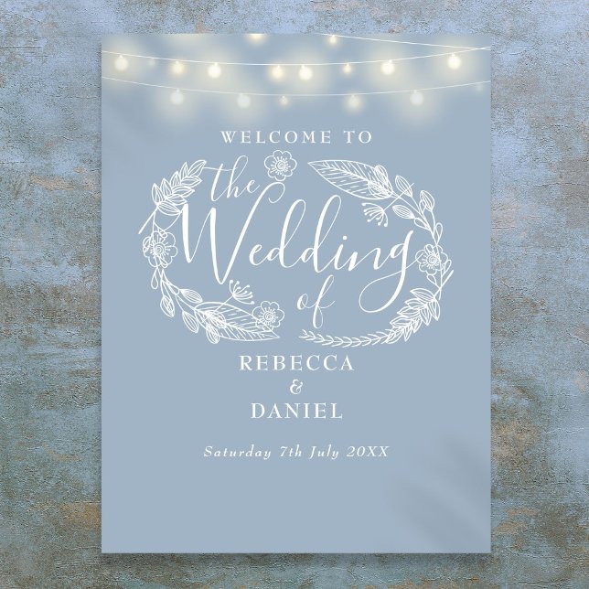 Affiche Enseigne de bienvenue de mariage avec guirlande de (Dusty Blue String Lights Wedding Welcome Sign)
