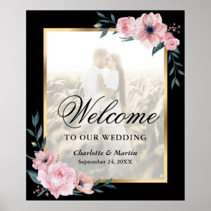 Affiche Enseigne de bienvenue de mariage photo florale ros