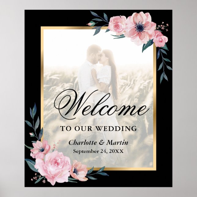 Affiche Enseigne de bienvenue de mariage photo florale ros (Devant)
