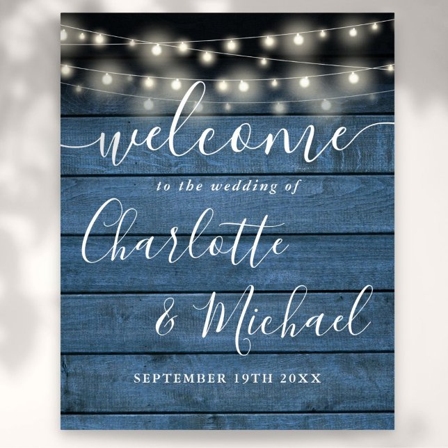 Affiche Enseigne de bienvenue de mariage rustique avec gui (Blue String Lights Rustic Wedding Welcome Sign)