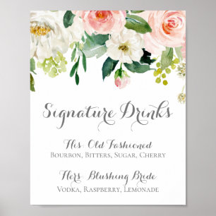 Affiche Enseigne de boissons signature à fleurs roses et b