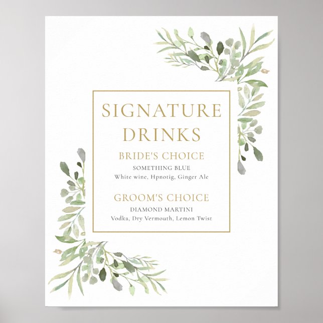 Affiche Enseigne de boissons signature verdure aquarelle (Devant)