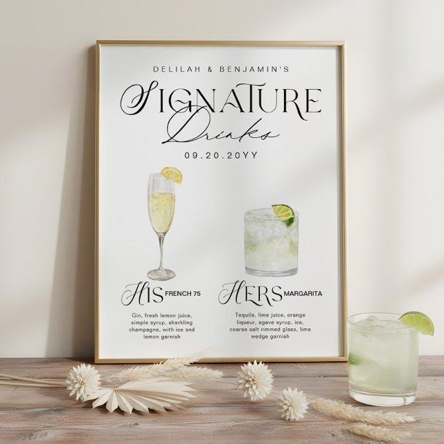 Affiche Enseigne de buisson de mariage de boisson signatur (Watercolor Signature Drink Wedding Bar Sign)