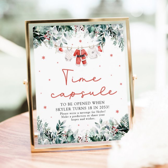 Affiche Enseigne de capsule temporelle pour baby shower de (Watercolor Christmas Red Santa Baby Shower Time Capsule Game Sign)