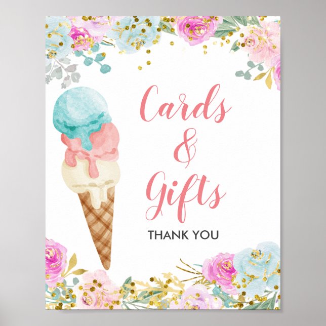 Affiche Enseigne de cartes et cadeaux glacés pastel florau (Devant)