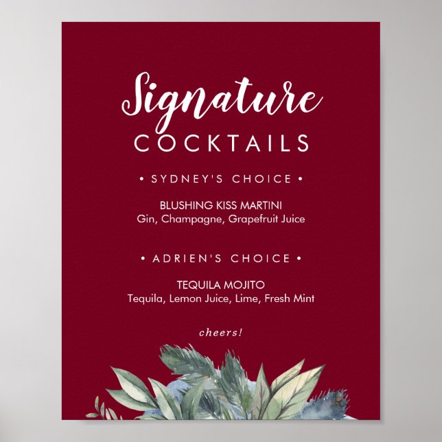 Affiche Enseigne de cocktails signature Burgundy Greenery  (Devant)