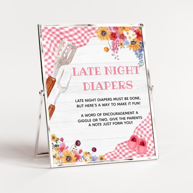 Affiche Enseigne de couche de bébé pour barbecue rose pour (Girl Baby-Q Baby Shower Late Night Diapers Sign)