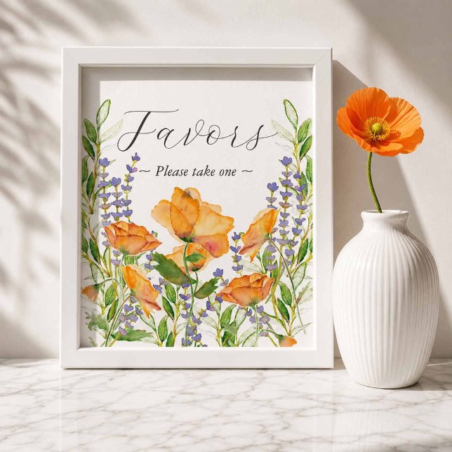 Affiche Enseigne de Faveurs de Mariage de Jardin Hippocamp (printable garden wedding favors sign with hand painted orange poppy flowers)