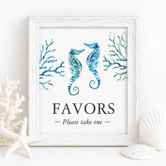 Affiche Enseigne de Faveurs de Mariage sur la Plage Hippoc (Beach wedding favors sign with watercolor seahorses by Victoria Grigaliunas of Do Tell A Belle)