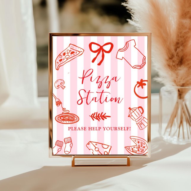 Affiche Enseigne de la Station Pizza Slice Slice Baby (Red and Pink Pizza station baby shower sign)