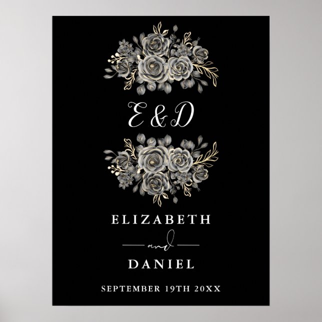 Affiche Enseigne de mariage à monogramme floral gothique c (Devant)