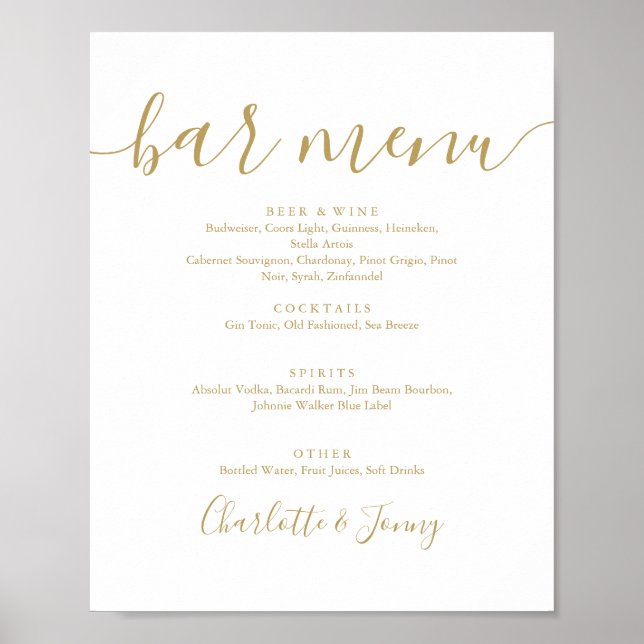 Affiche Enseigne de menu de bar à écriture dorée (Devant)