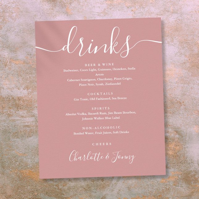 Affiche Enseigne de menu de boissons à écriture Signature  (Dusty Rose Signature Script Drinks Menu Sign)