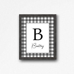 Affiche Enseigne de nom à carreaux Gingham noir et blanc d