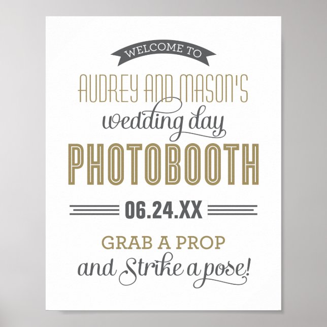 Affiche Enseigne de Photobooth de Mariage sur Mesure en Or (Devant)