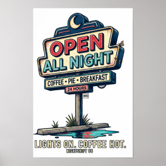 Affiche Enseigne de Resto Rétro Ouvert Toute la Nuit NIGHT