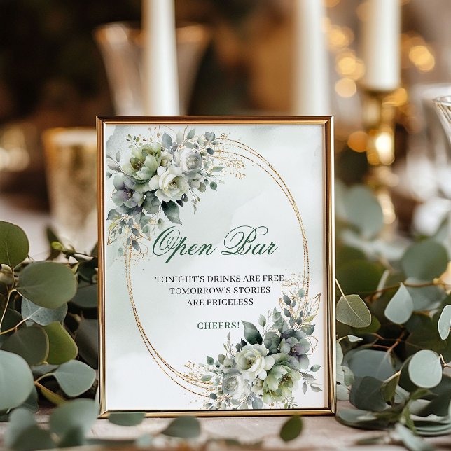 Affiche Enseigne de table de bar ouvert en verdure et or B (Greenery and Gold Open Bar Tabletop Sign Boho)