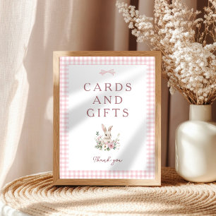 Affiche Enseigne de table Fête de Bébé Rose Gingham Lapin 